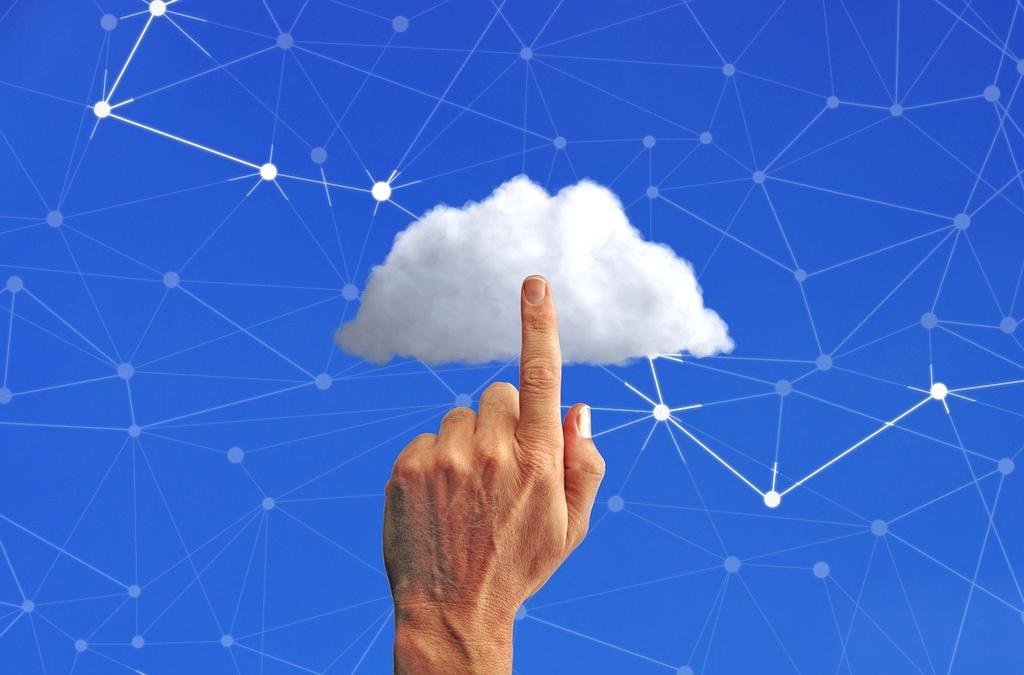 Cloud computing illustration with interconnected devices and data syncing